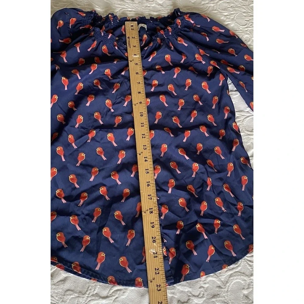 Old Navy Bird Print Button Up Top Women XS Blue Red AOP birdies 3/4 Puff Sleeves